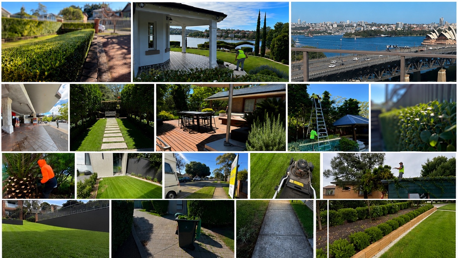Garden maintenance and plant care collage showing lawn care, hedging, pruning, garden presentation and precision edging